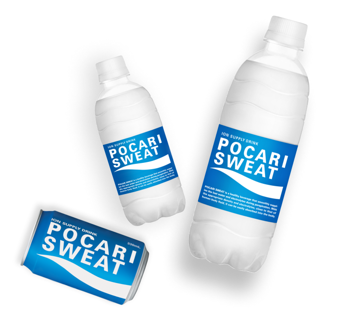 The three different sizes of Pocari Sweat packaging